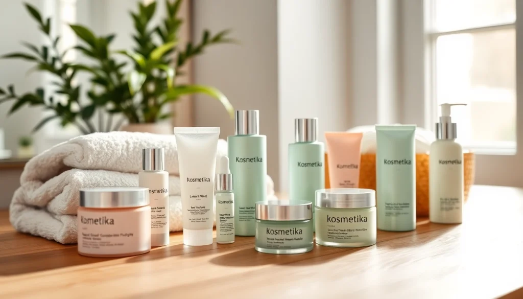 Kosmetika produktų stovas su natūralia apšvietimo atmosfera.