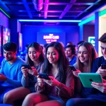 Cảnh hấp dẫn của các game thủ đa dạng đang thưởng thức các trò chơi của Saowin Club tại khu lounge hiện đại.