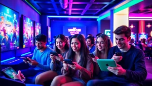 Cảnh hấp dẫn của các game thủ đa dạng đang thưởng thức các trò chơi của Saowin Club tại khu lounge hiện đại.