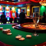 High-stakes poker at 7upbet's luxurious casino featuring vibrant slot machines and poker chips.