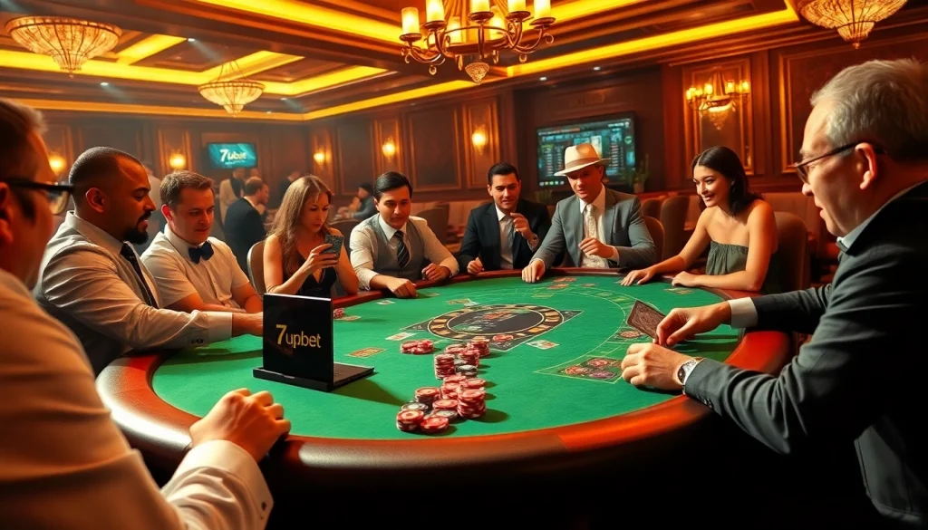 Players enjoy a thrilling poker game at 7upbet, showcasing exciting casino gameplay.