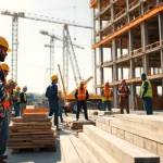 Austin construction site with workers collaborating on a vibrant building project