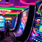 Permainan slot depo 1k yang menarik dengan mesin slot berwarna-warni dan suasana kasino yang meriah.