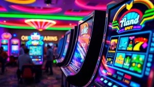 Permainan slot depo 1k yang menarik dengan mesin slot berwarna-warni dan suasana kasino yang meriah.