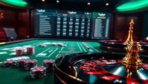Experience thrilling online gambling at 7upbet with vibrant casino tables and glowing roulette wheels.