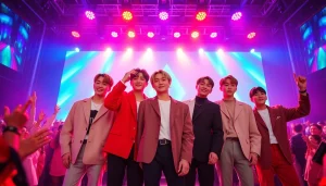 BTS members performing passionately on stage during a vibrant concert event.