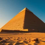 Explore the majesty of piraminds set against a golden sunset and vast desert.