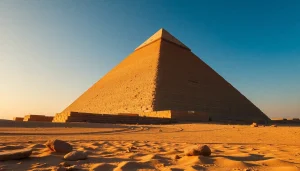Explore the majesty of piraminds set against a golden sunset and vast desert.