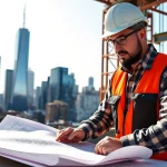 New York City General Contractor strategizing on-site with detailed blueprints.