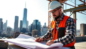 New York City General Contractor strategizing on-site with detailed blueprints.