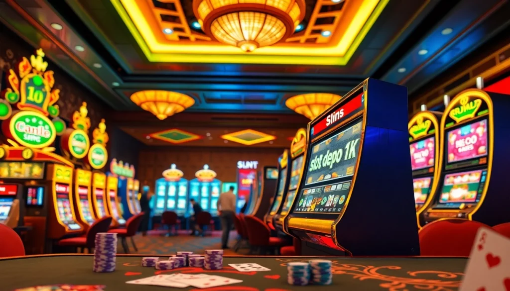 Putar untuk menang di slot Depo 1K dengan mesin kasino yang berwarna-warni dan pemain yang bersemangat.