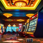 Putar untuk menang di slot Depo 1K dengan mesin kasino yang berwarna-warni dan pemain yang bersemangat.