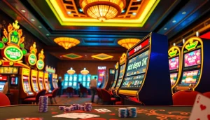 Putar untuk menang di slot Depo 1K dengan mesin kasino yang berwarna-warni dan pemain yang bersemangat.