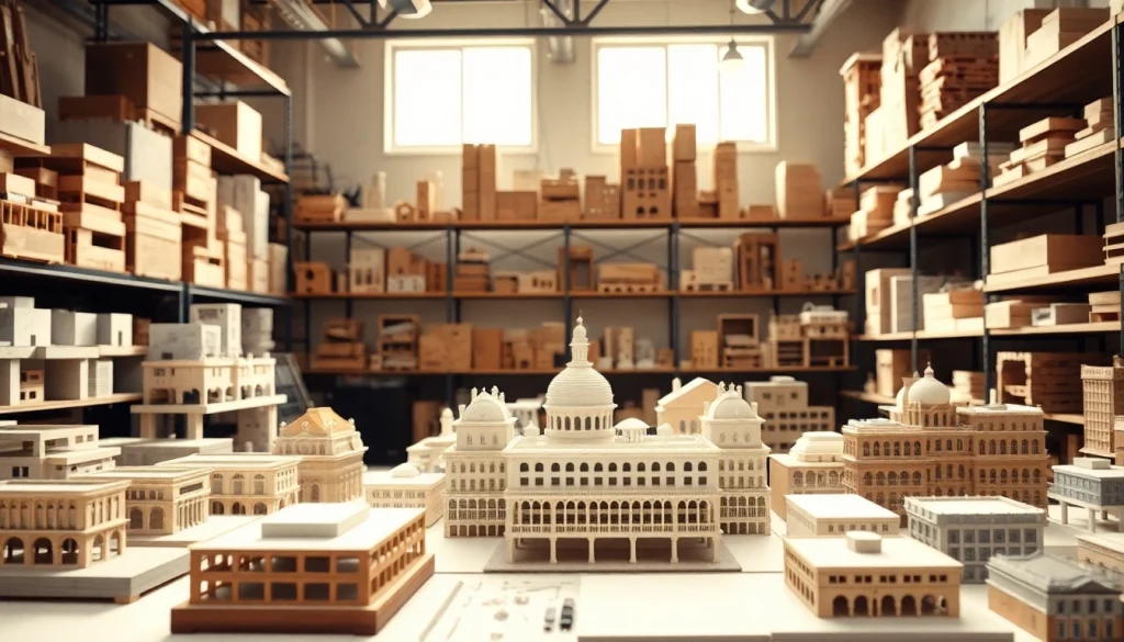 Architekturmodellbau Wiesbaden in einem professionellen Arbeitsraum mit kreativen Modellen und Werkzeugen.