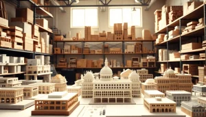 Architekturmodellbau Wiesbaden in einem professionellen Arbeitsraum mit kreativen Modellen und Werkzeugen.