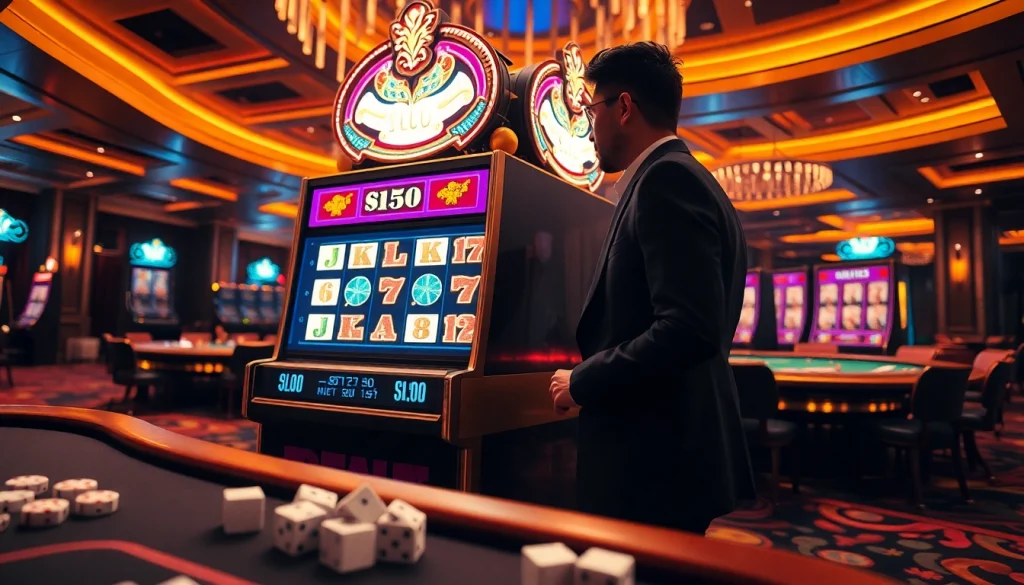 Putar gulungan mesin slot deposit pulsa tanpa potongan di kasino mewah dengan lampu berwarna-warni dan desain yang elegan.