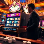 Putar gulungan mesin slot deposit pulsa tanpa potongan di kasino mewah dengan lampu berwarna-warni dan desain yang elegan.