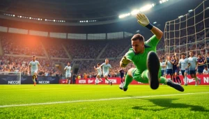 Action-packed scene featuring a goalkeeper making a save, showcasing the intensity of ผลบอล888.