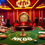 Players enjoying an exciting game at NK88's elegant casino, featuring poker tables and vibrant slots.
