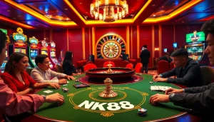 Players enjoying an exciting game at NK88's elegant casino, featuring poker tables and vibrant slots.