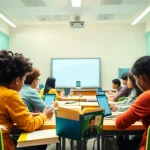 Engaging classroom scene emphasizing education equity and innovation, with diverse students collaborating.