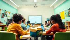 Engaging classroom scene emphasizing education equity and innovation, with diverse students collaborating.