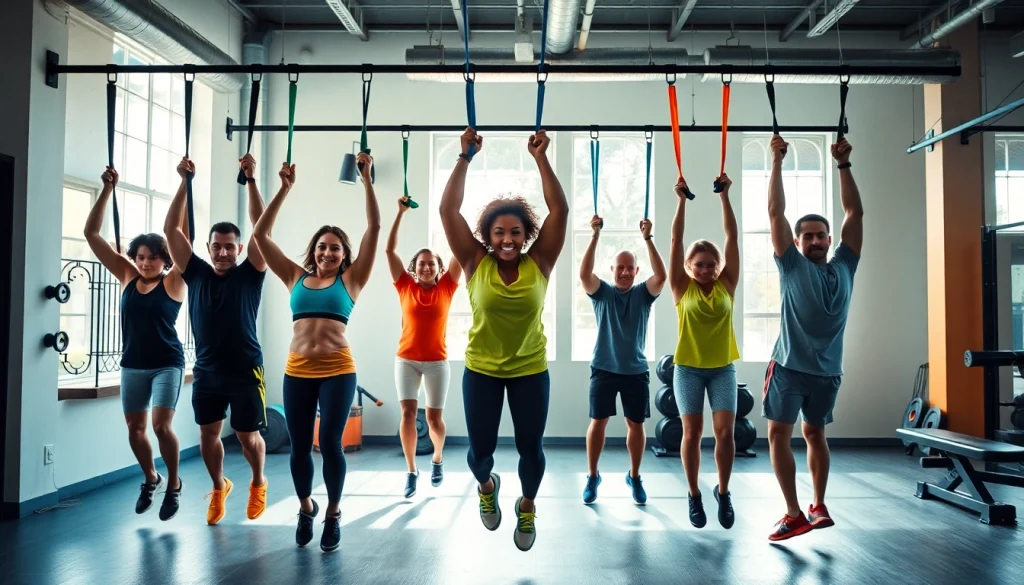 Resistance bands for pull-ups in a vibrant gym with diverse individuals exercising.