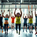 Resistance bands for pull-ups in a vibrant gym with diverse individuals exercising.