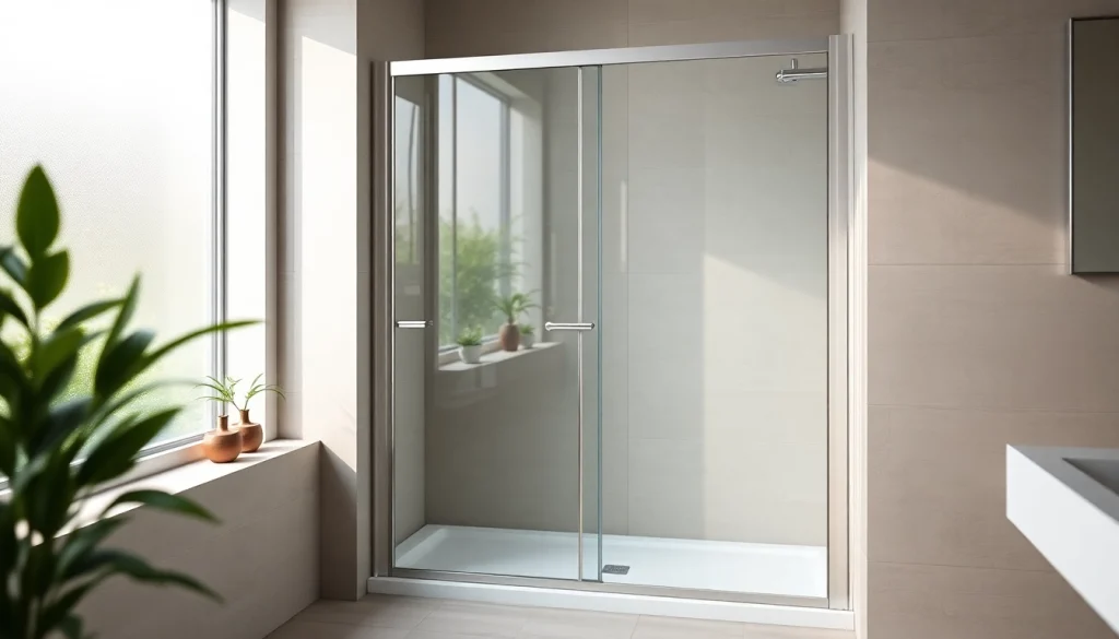 Show shower screen door in a stylish bathroom, emphasizing modern design features.