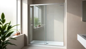 Show shower screen door in a stylish bathroom, emphasizing modern design features.