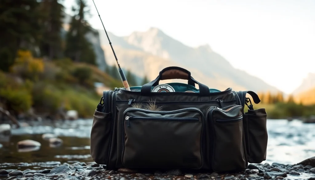 Showcase of a versatile Fly fishing bag with gear, highlighting its features near a river.