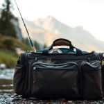 Showcase of a versatile Fly fishing bag with gear, highlighting its features near a river.