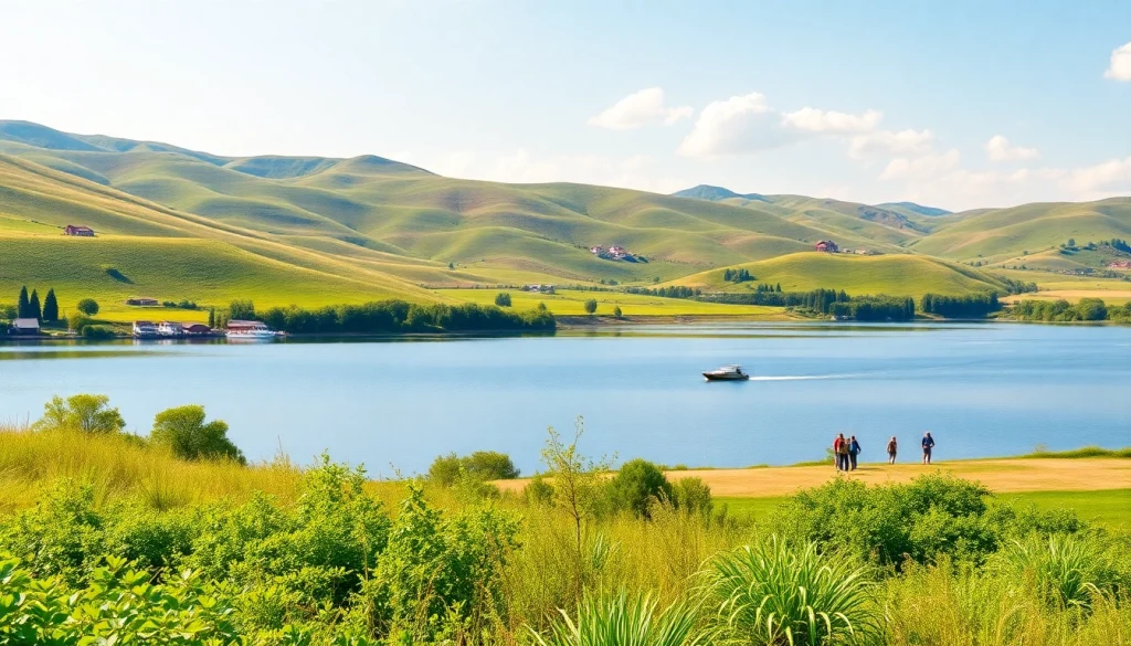 Experience the serene beauty of Clarksburg with its landscape featuring a tranquil lake and rolling hills.