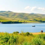 Experience the serene beauty of Clarksburg with its landscape featuring a tranquil lake and rolling hills.