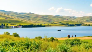 Experience the serene beauty of Clarksburg with its landscape featuring a tranquil lake and rolling hills.