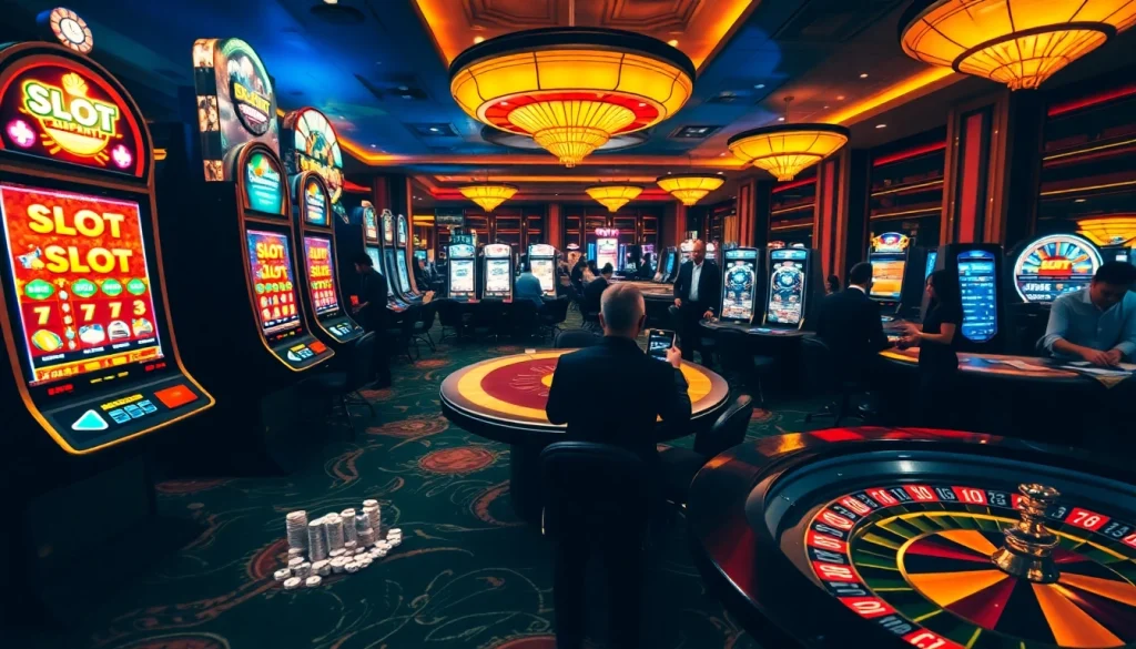 Aksi deposit pulsa tanpa potongan yang mendebarkan ditampilkan dalam suasana kasino yang semarak.