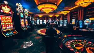 Aksi deposit pulsa tanpa potongan yang mendebarkan ditampilkan dalam suasana kasino yang semarak.