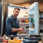 Expert technician performing refrigerator repair ottawa in a bright, organized kitchen.