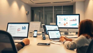 显示协作的现代办公空间，数字设备上运行着WPS官网软件。