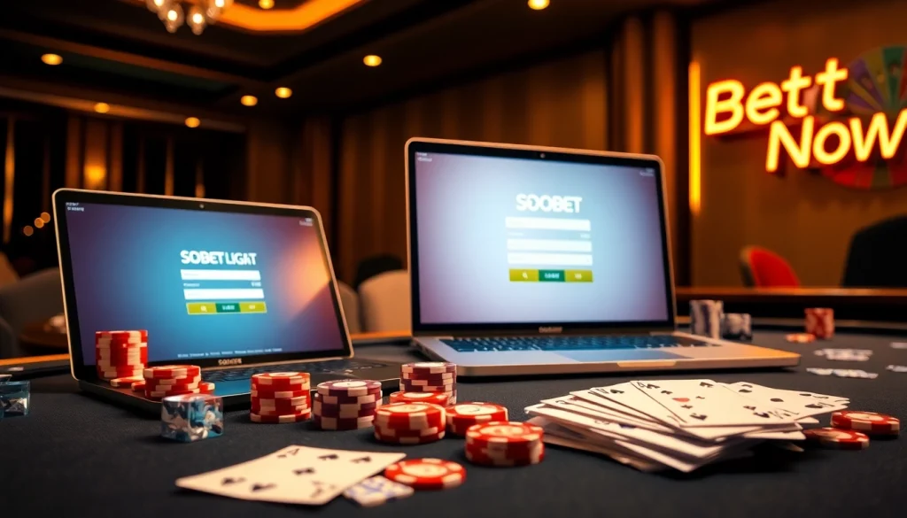 sbobet login on a stylish casino poker table with chips and playing cards.