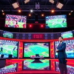 Engaging sports broadcasting studio with hosts and live feeds, showcasing Sports Broadcasting.