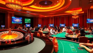 The lively casino scene at https://rr88.navy/ displaying roulette and poker tables, infused with excitement and elegance.