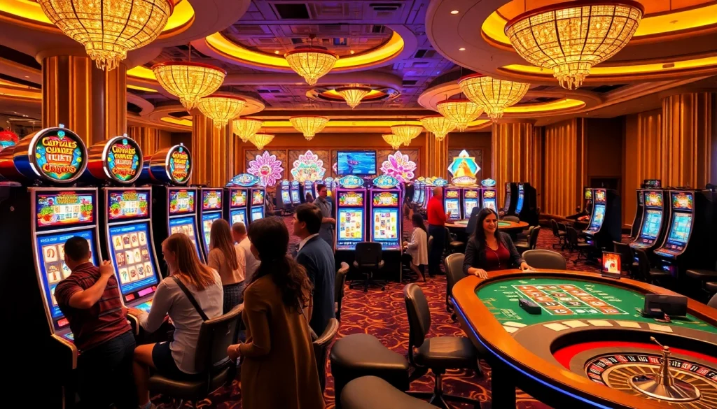 Players enjoying thrilling idnslot games at a vibrant casino with luxurious lighting.