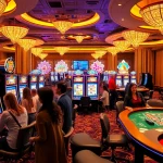 Players enjoying thrilling idnslot games at a vibrant casino with luxurious lighting.