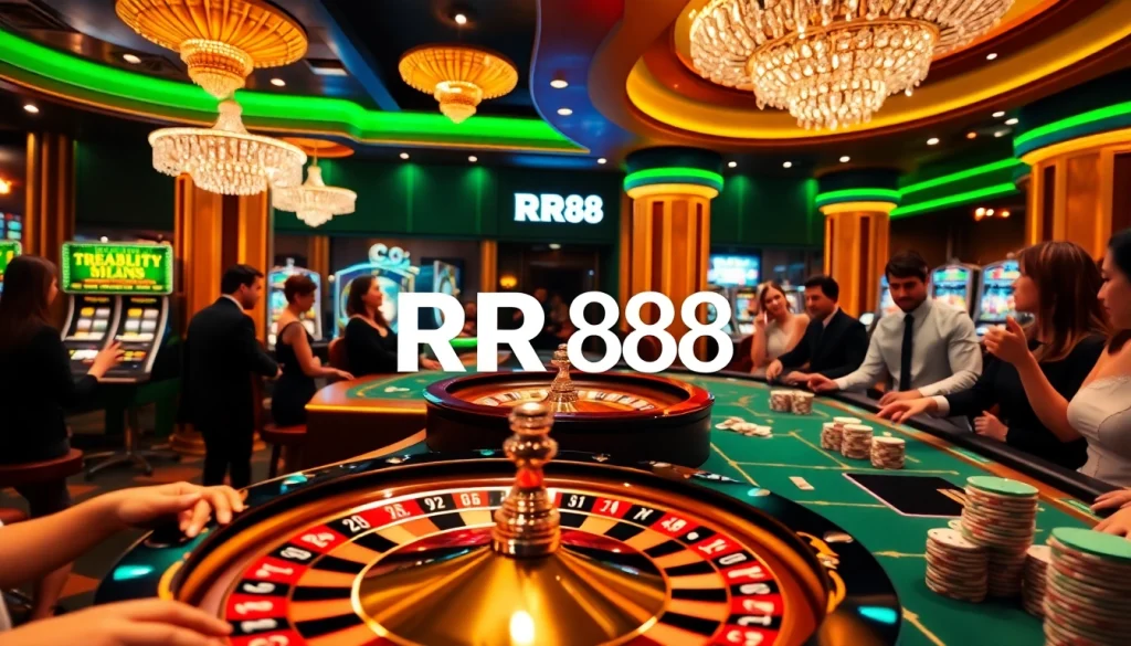 RR88 offers a dynamic casino experience with poker tables and vibrant slot machines.