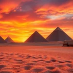 Piraminds prominently displayed against a breathtaking sunset, showcasing their grandeur and mystery.