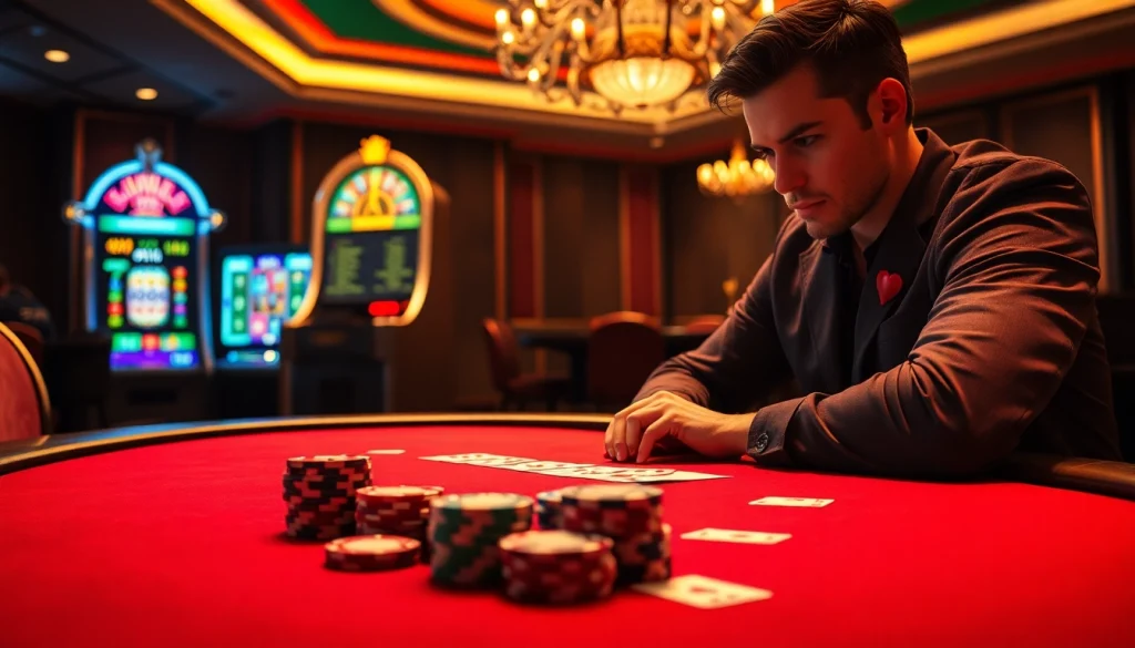 Engaging players at an opulent casino table with onicplay chips and cards.