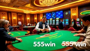 Excited players engaging at a poker table in a luxurious casino environment featuring 555win.