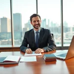 Real estate lawyer consulting with a client in a modern office setting, showcasing professionalism.