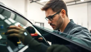 Apply window tint Chattanooga professionally in a bright workshop.